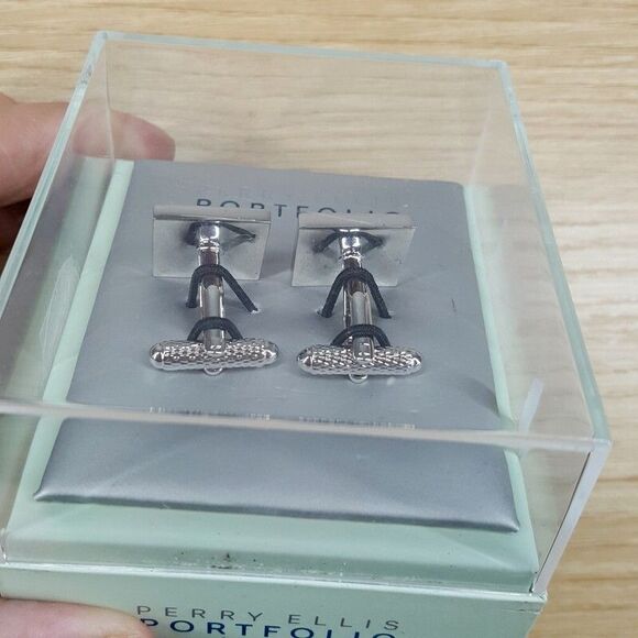 PERRY ELLIS Mens Cuff Links Silver Tone Pyramid - Picture 3 of 5